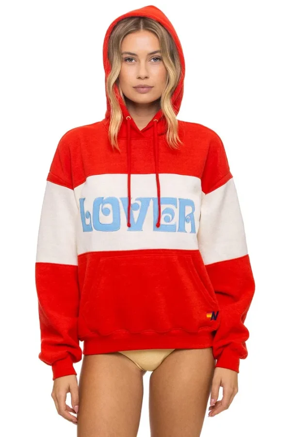 LOVER EMBROIDERY COLOR BLOCK PULLOVER HOODIE RELAXED