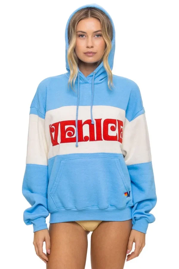 VENICE EMBROIDERY COLOR BLOCK PULLOVER HOODIE RELAXED