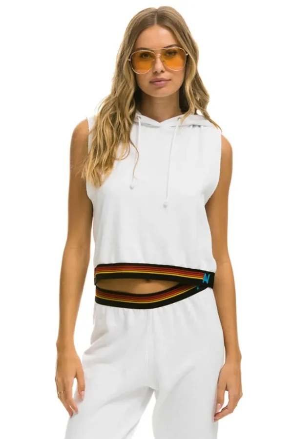 LOGO STRIPE SLEEVELESS CROP PULLOVER HOODIE