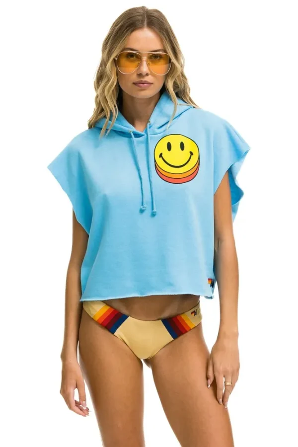 SMILEY SUNSET SLEEVELESS RELAXED CROPPED PULLOVER HOODIE